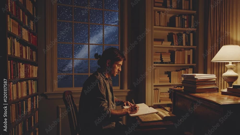 Writing under the stars in a cozy library atmosphere