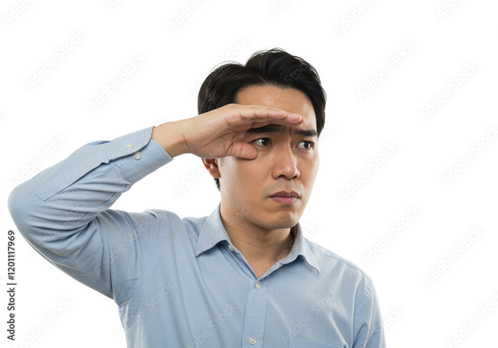 Man Looking into Distance Serious Expression Blue Shirt Studio Shot Isolated Background face male Man Looking into Distance Serious Expression Blue Shirt Studio Shot Isolated Background face male