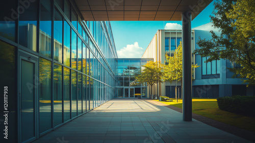 An advanced university campus equipped with keycard access, CCTV surveillance, fire-resistant buildings, and motion-detection systems for security.