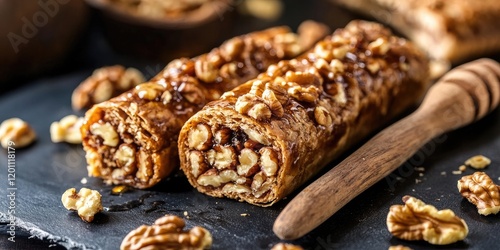 Rustic nut roll with walnuts and honey on dark slate backdrop vertical composition rustic dessert spatula blurred walnuts in foreground photo