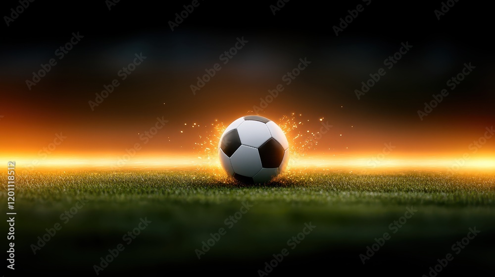 Fototapeta premium Brightly lit soccer ball on lush green grass field, a captivating sports scene 