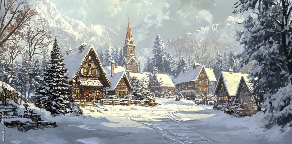 Fototapeta premium A quaint snowy village nestled in majestic mountains