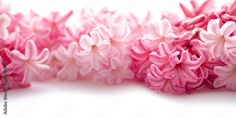 Fototapeta premium Delicate pink hyacinth flowers arranged in a wavy line against a bright white background ideal for spring-related text and floral designs.