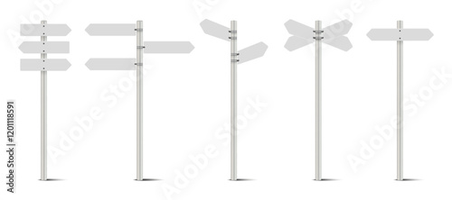 3D Directional Pole with Wayfinding Arrows. White Fingerpost, Street Signs, Guidepost and Direction Guide Set