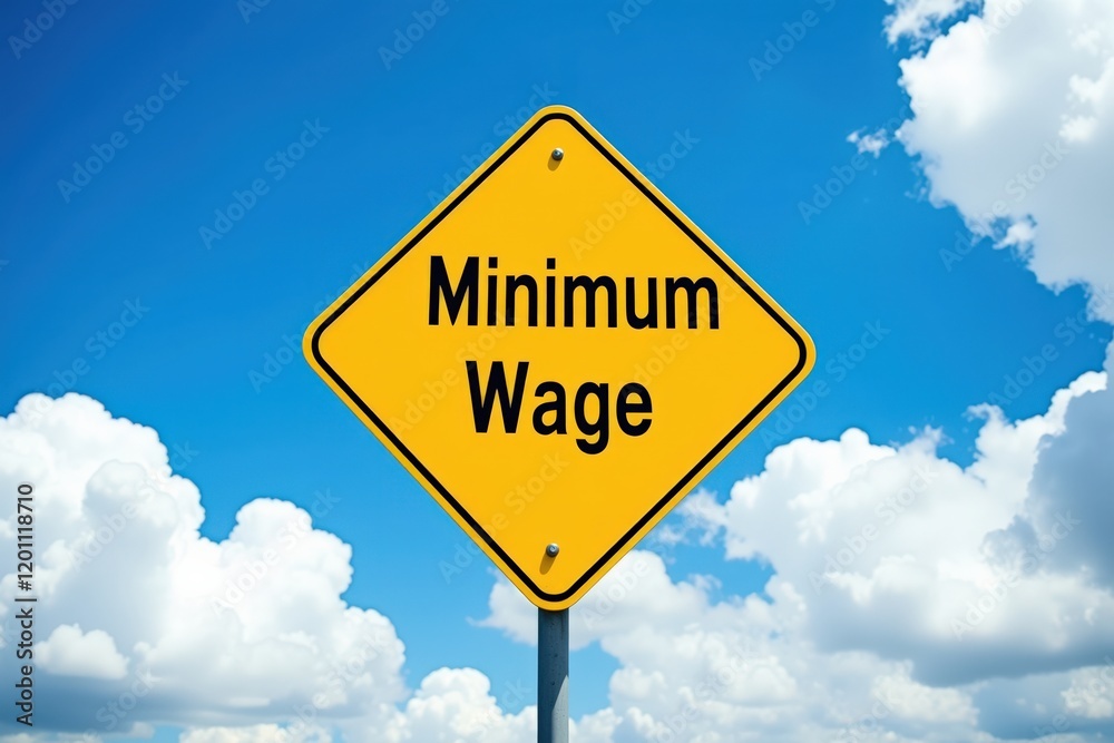 Vibrant Minimum Wage Sign Against a Bright Blue Sky: A Symbol of Labor Rights and Economic Equity Vibrant Minimum Wage Sign Against a Bright Blue Sky: A Symbol of Labor Rights and Economic Equity
