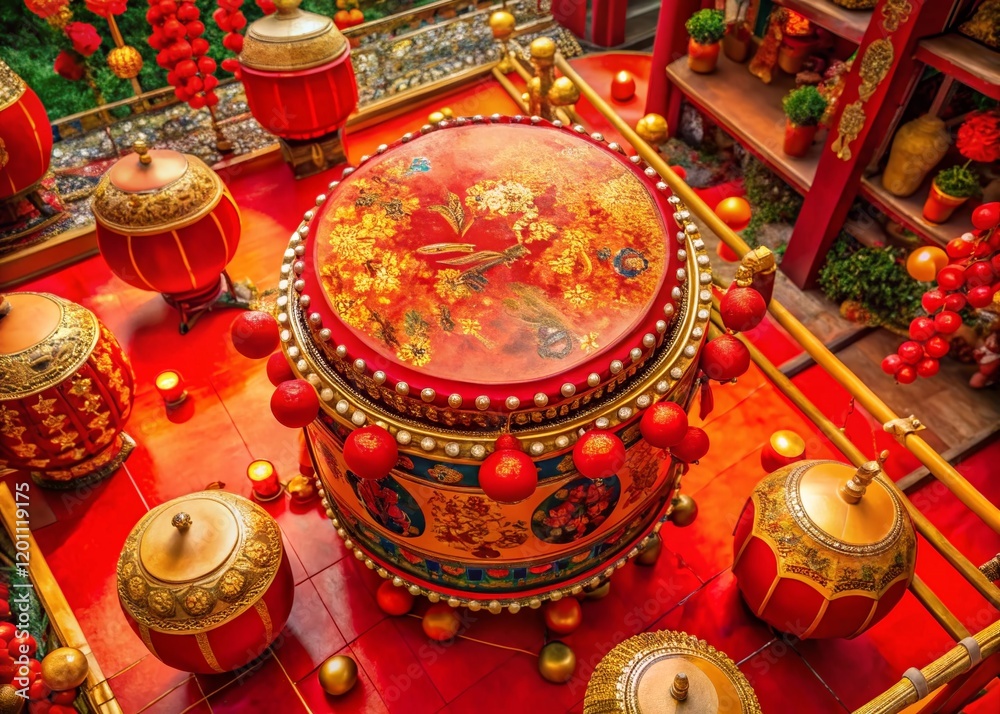 Fototapeta premium Golden Lunar New Year Drum Aerial View Festive Celebration