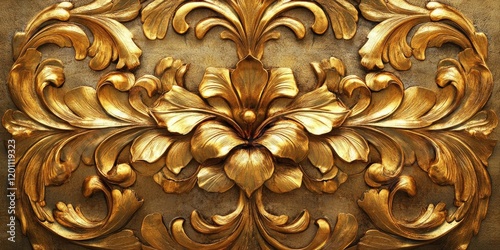 Luxurious gold ornamental design with intricate floral patterns on a textured background showcasing rich golden hues and elegant curves.