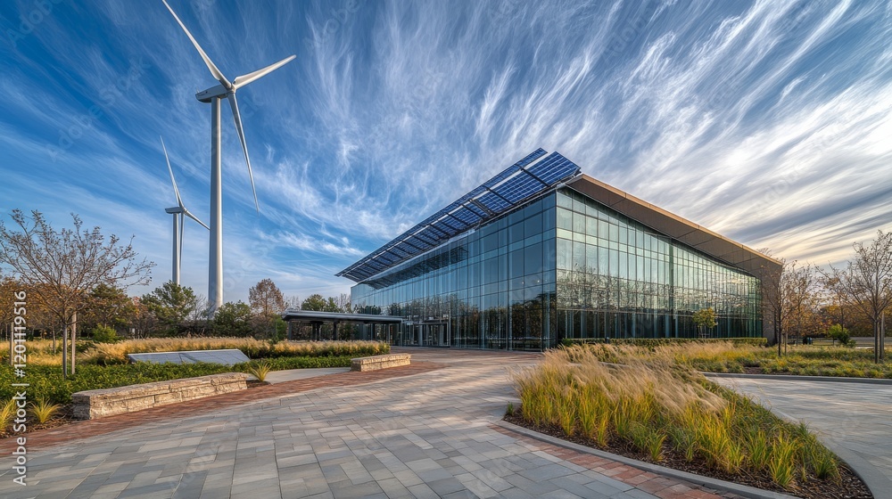 Clean energy infrastructure panorama with colossal windmills, angled solar collector installation, precision-trimmed greenery border, contemporary urban architecture, dancing botanical elements, Clean energy infrastructure panorama with colossal windmills, angled solar collector installation, precision-trimmed greenery border, contemporary urban architecture, dancing botanical elements,
