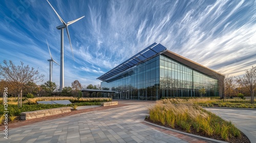 Wallpaper Mural Clean energy infrastructure panorama with colossal windmills, angled solar collector installation, precision-trimmed greenery border, contemporary urban architecture, dancing botanical elements, Torontodigital.ca