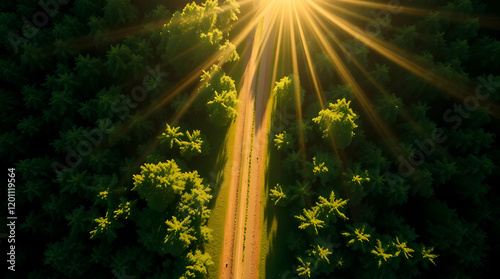 Sunlit forest trail with radiant light beams and vibrant greenery
 photo