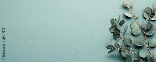 Watercolor concept. Elegant green eucalyptus leaves against a soft pastel background for a calming aesthetic.