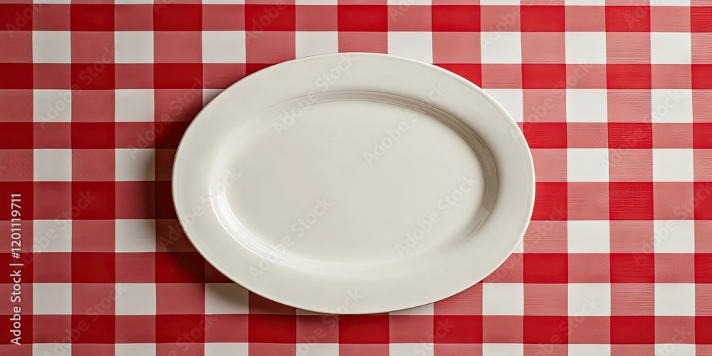 Elegant oval white serving platter centered on vibrant red and white checkered tablecloth perfect for culinary displays and presentations. Elegant oval white serving platter centered on vibrant red and white checkered tablecloth perfect for culinary displays and presentations.