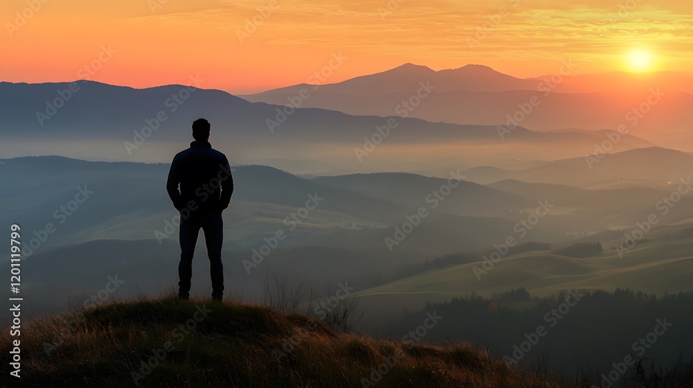 Obraz premium Man Silhouetted Against Sunset Over Rolling Mountains