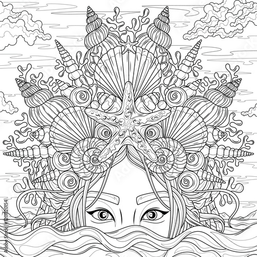 A Woman mermaid in a crown of sea shells emerges from the sea.Coloring book antistress for children and adults. 