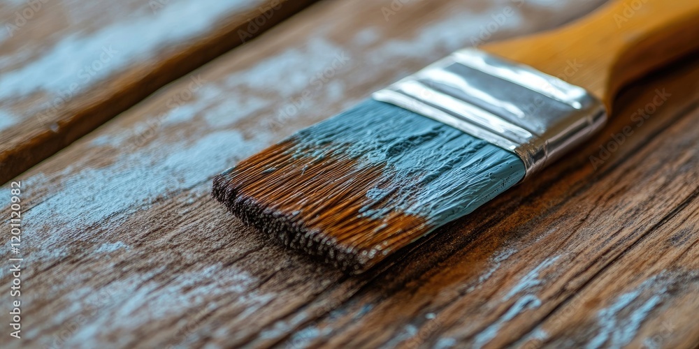 Close-up of a paintbrush with blue paint on a weathered wooden surface, showcasing natural brown wood tones and textured grain in soft focus. Close-up of a paintbrush with blue paint on a weathered wooden surface, showcasing natural brown wood tones and textured grain in soft focus.