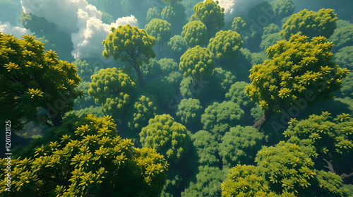 Stunning forest view with sunlight breaking through high view angle photo