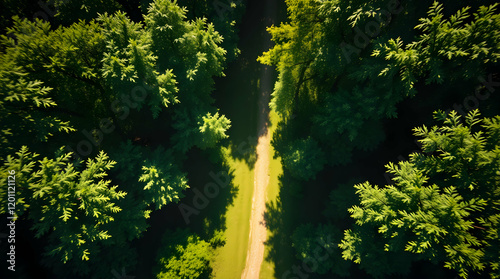 Stunning forest view with sunlight breaking through and a serene walkway
 photo