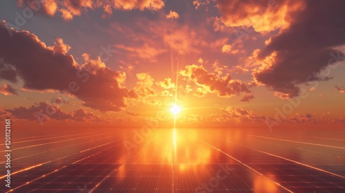 Expansive photovoltaic installation stretching to horizon  dramatic sunset sky with illuminated cumulus clouds  radiant solar burst effect  golden hour atmospheric lighting  prismatic light