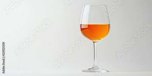 Elegant long stemmed glass filled with amber orange wine against a minimalist soft white background highlighting the drink's rich tones and clarity