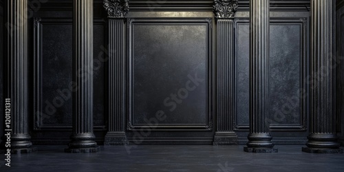 Elegant interior scene with plain grey backdrop between tall black pillars featuring intricate details  positioned symmetrically against a dark floor.