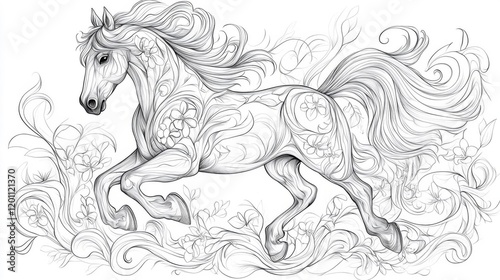 Ornate Floral Horse Galloping Through Blossoms photo