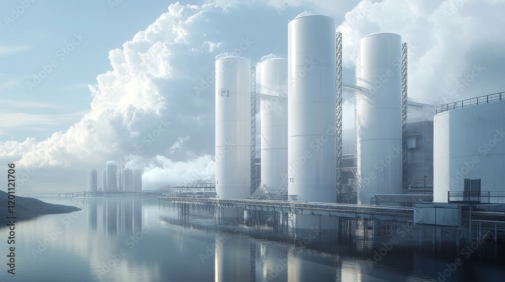 Monumental hydrogen storage facility, towering white silos against cloudscape, industrial infrastructure, metallic reflective surfaces, maintenance catwalks and ladders visible, engineering Monumental hydrogen storage facility, towering white silos against cloudscape, industrial infrastructure, metallic reflective surfaces, maintenance catwalks and ladders visible, engineering