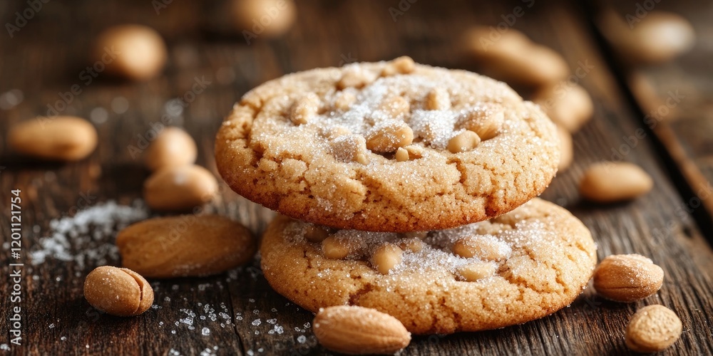 Peanut cookies with sugar sprinkles stacked on a rustic wooden table surrounded by almonds in warm natural tones and soft lighting. Peanut cookies with sugar sprinkles stacked on a rustic wooden table surrounded by almonds in warm natural tones and soft lighting.
