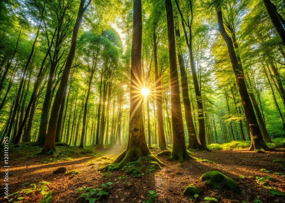 Fototapeta premium Golden Sunlight Filtering Through Lush Forest Canopy
