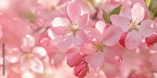 Delicate pink apple blossoms with soft petals and buds showcase springtime beauty against a blurred pastel background with gentle light.