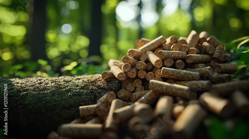 Ground level macro photography, heap of compressed wood pellets, natural brown cylindrical pellets, stacked firewood logs, green foliage background, soft natural sunlight, earthy tones, biomass fuel, photo