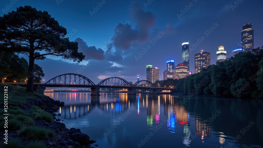 A serene body of water under a sweeping sky framed by an elegant bridge. Dark green trees line its right bank, contrasting with open expanses on the left. A serene body of water under a sweeping sky framed by an elegant bridge. Dark green trees line its right bank, contrasting with open expanses on the left.