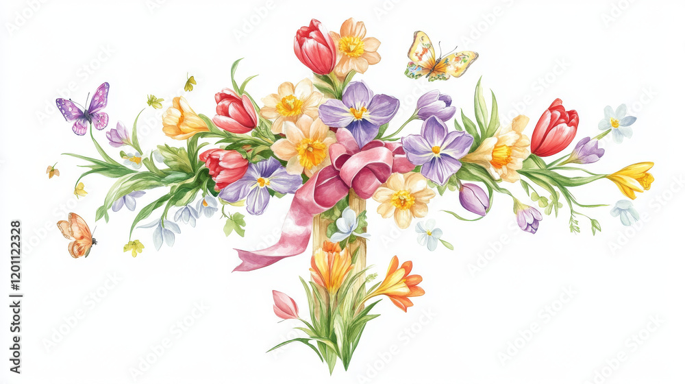 Naklejka premium Easter cross of flowers festive poster. Christian religion crucifix symbol with tulip, narcissus and crocus flowers, ribbon, bow, leaves and butterflies. Easter Sunday and He Is Risen greeting card