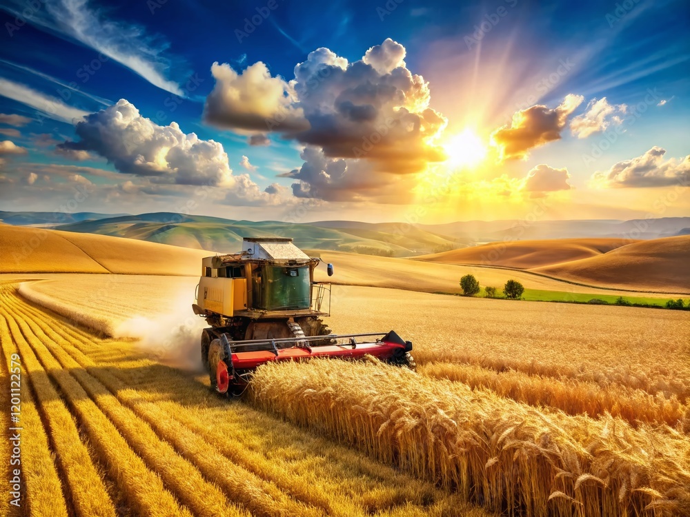 Fototapeta premium Golden Wheat Harvest: Rural Summer Combine Harvester in Action