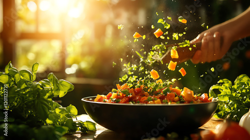 French Ratatouille Provencal vegetable stew, garnished with fresh herbs in a rustic sunlit kitchen, [European healthy dishes, cultural artistry]