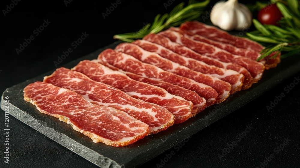 Sliced cured meat on slate, herbs, dark background, food photography Sliced cured meat on slate, herbs, dark background, food photography