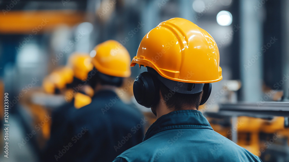 An assembly line in a factory, with workers wearing helmets, ear protection, and gloves, ensuring they follow industrial safety protocols and use safety equipment. An assembly line in a factory, with workers wearing helmets, ear protection, and gloves, ensuring they follow industrial safety protocols and use safety equipment.