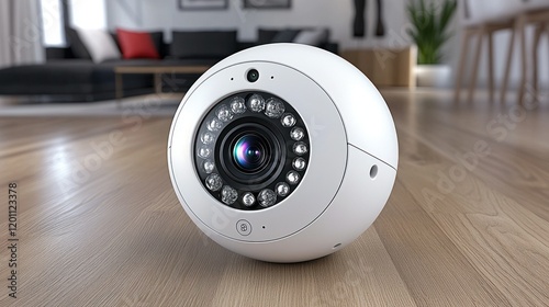 Smart home security camera on wood floor, living room background photo