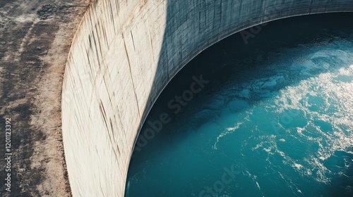 Top down hydroelectric dam photography  curved concrete wall  azure water reservoir  sunlit water surface  geometric architectural composition  clean minimal aesthetic  industrial scale photography