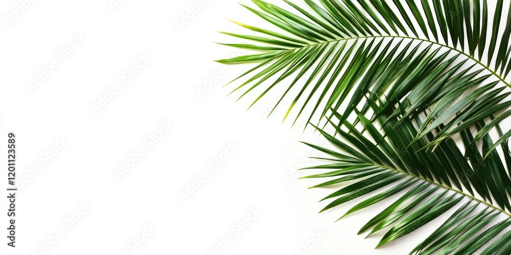 Lush green palm tree leaves positioned in the top left corner against a clean white background creating a vibrant and serene tropical aesthetic Lush green palm tree leaves positioned in the top left corner against a clean white background creating a vibrant and serene tropical aesthetic