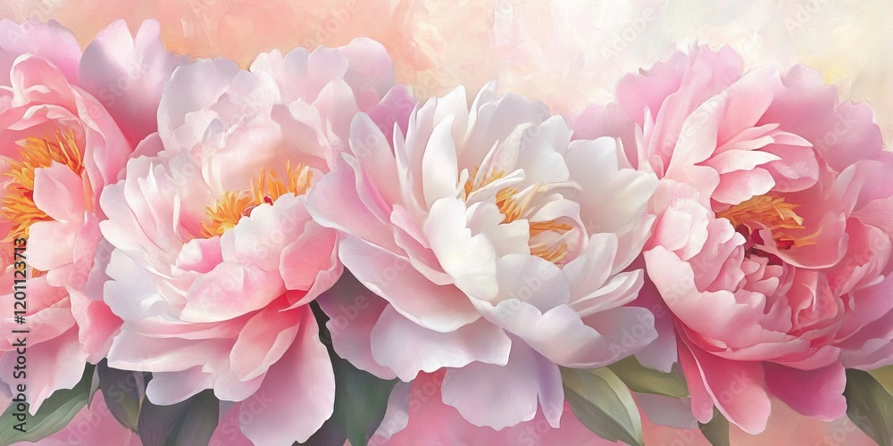 Fototapeta premium Panoramic arrangement of soft pink and white peonies with vibrant yellow centers on a gentle pastel background for Mother's Day celebration.