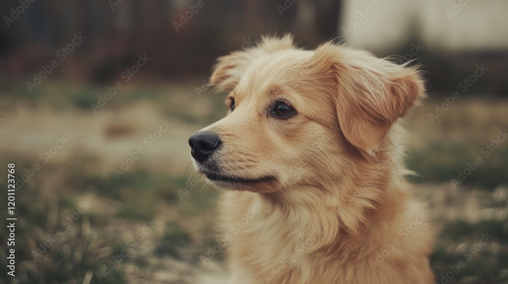 Fototapeta premium Adorable fluffy golden puppy sitting outdoors, looking to the side.