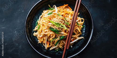 Delicious Pad Thai noodles with colorful vegetables served in a glossy black bowl with chopsticks on a dark textured surface photo