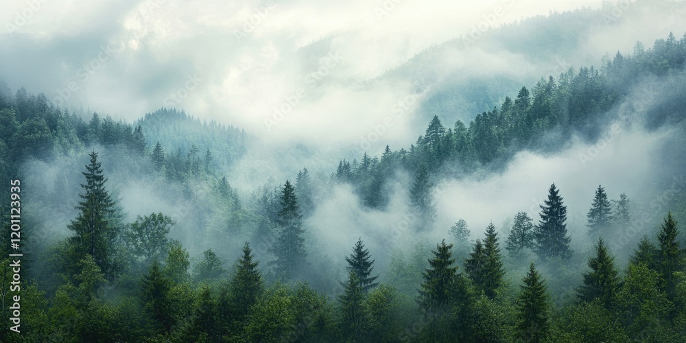 Fototapeta premium Misty panoramic view of a dense green forest with treetops shrouded in white fog, showcasing layered mountains in soft gray hues.