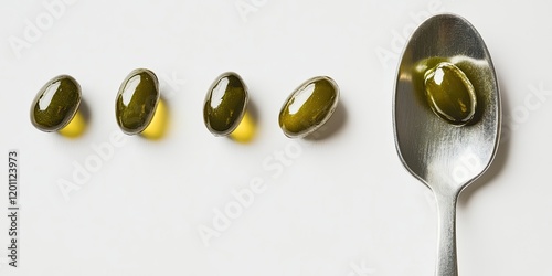 Olive oil capsules arranged in a row next to a silver spoon on a clean white background highlighting their glossy green sheen photo