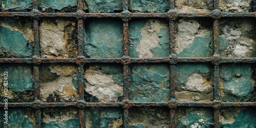 Weathered green stone texture enclosed in a rusty metal cage with a grid pattern highlighting peeling paint and aged surfaces in a close-up view photo