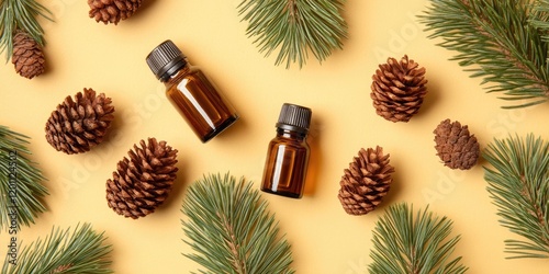 Pine essential oil bottles centered on a yellow background surrounded by pine branches and cones providing ample copy space for text use photo