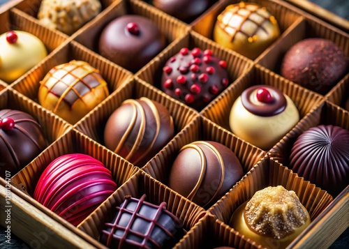 Gourmet Chocolate Assortment: Close-up of Luxurious Handmade Chocolates in Elegant Box