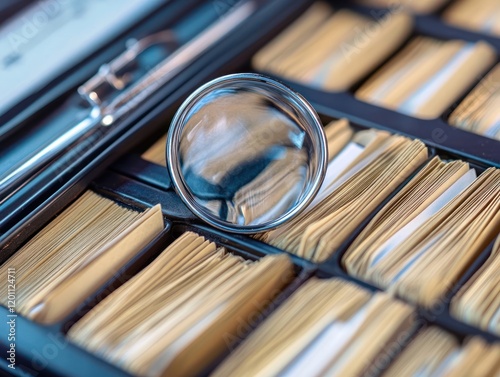 Close-up of a magnifying glass and index cards in a drawer showing the details photo