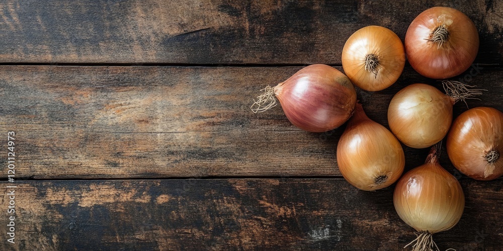 Obraz premium Fresh brown and red onions arranged on a dark aged wooden table in a top left cluster with a rustic background and ample negative space on the right.