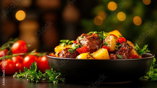 Greek Kleftiko slow-cooked lamb, served with potatoes and herbs in a rustic village backdrop, [Mediterranean festive dishes, cultural depth] photo